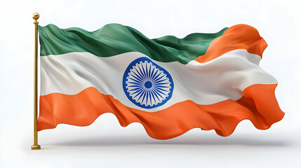 Flag with Orange, White, and Green Stripes and Blue Symbol Waves Gently on a Gold Pole Against White