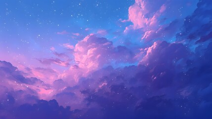 Captivating night sky with purple and blue clouds filled with stars
