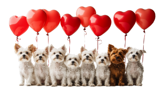 Valentine's Day, puppies and red heart-shaped balloons close up, created with Generative AI technology, PNG