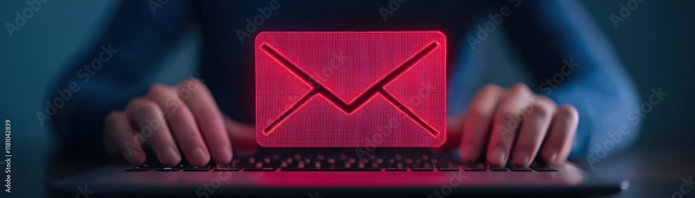 Poster a person is using a laptop, with a glowing red envelope icon displayed, symbolizing digital communic