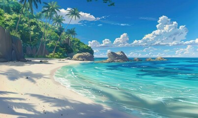 A serene beach scene with clear waters and lush greenery.