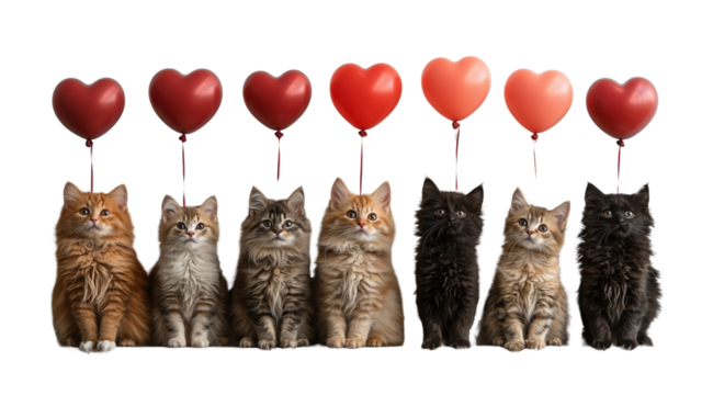 Valentine's Day, kittens and red heart-shaped balloons close up, created with Generative AI technology, PNG