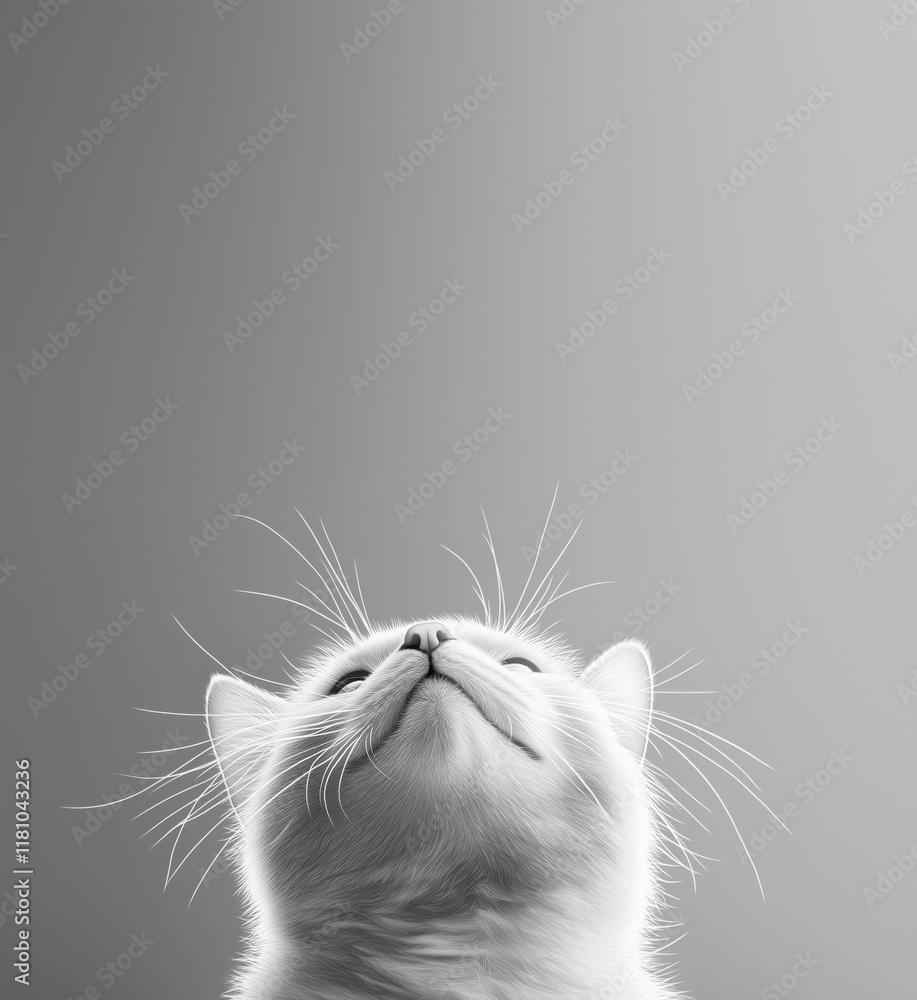 Poster white cat gazing upwards with delicate features and soft fur against a gradient background, showcasi