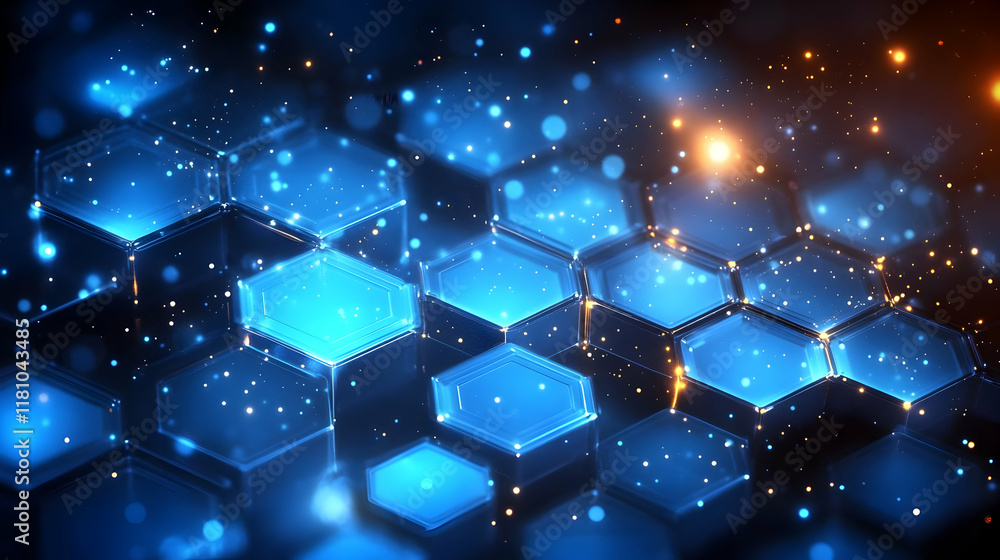 Poster abstract blue hexagonal background creates a futuristic and technological vibe with sparkling lights