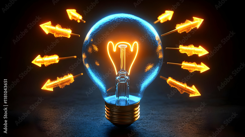 Poster glowing light bulb with multiple orange arrows, symbolizing idea generation and innovation.