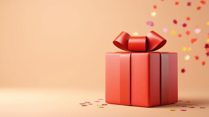 Festive Red Gift Box with Ribbon on a Neutral Background