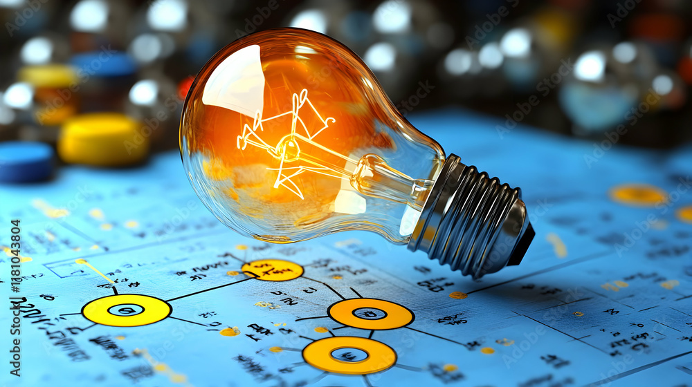 Poster glowing light bulb rests on blueprint design with network diagram brilliantly illuminated