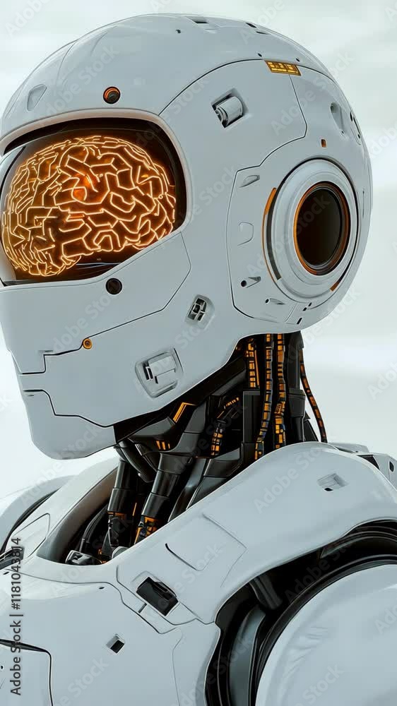 Poster futuristic humanoid robot with glowing brain design showcases advanced technology and artificial int