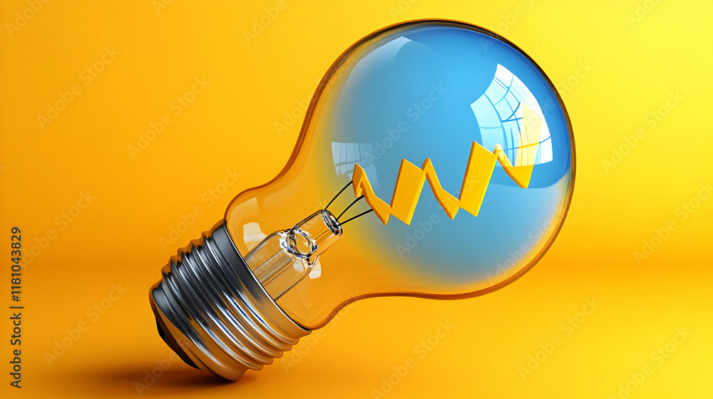 Poster 3d light bulb shows a zigzag graph inside on a yellow background