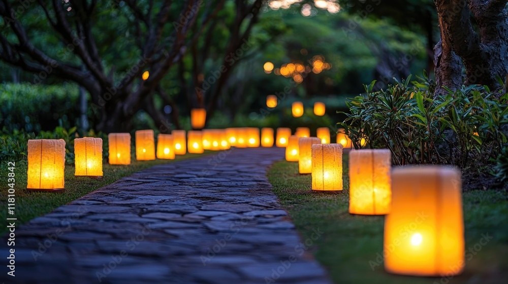 Poster valentine romance concept. illuminated pathway lined with glowing lanterns, creating a serene and en