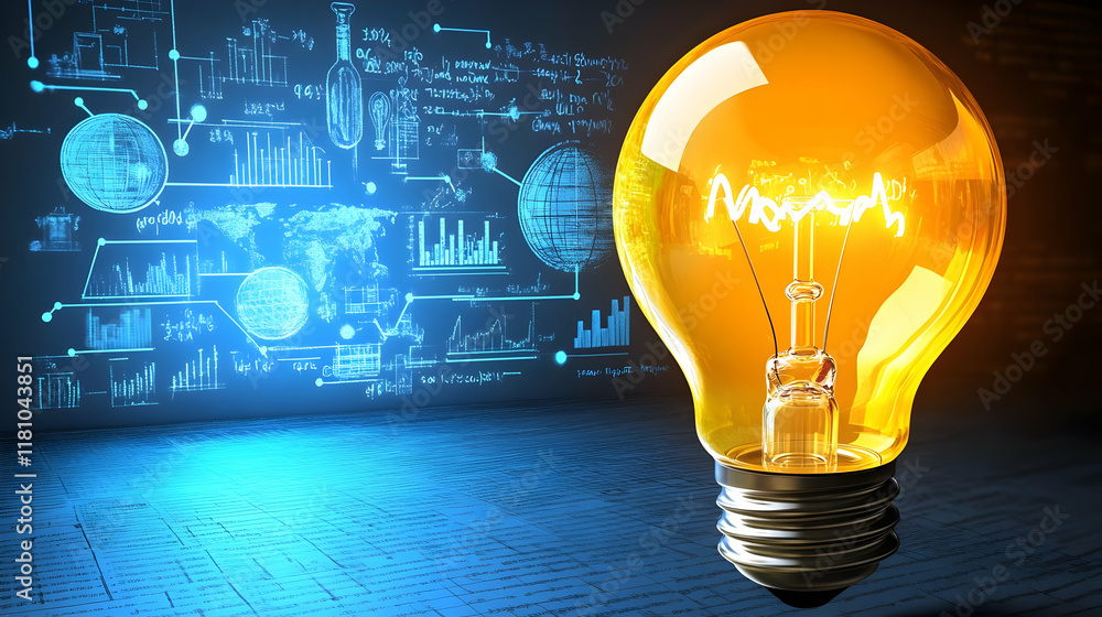 Poster glowing light bulb illuminates futuristic blueprints with global data visualizations and equations.