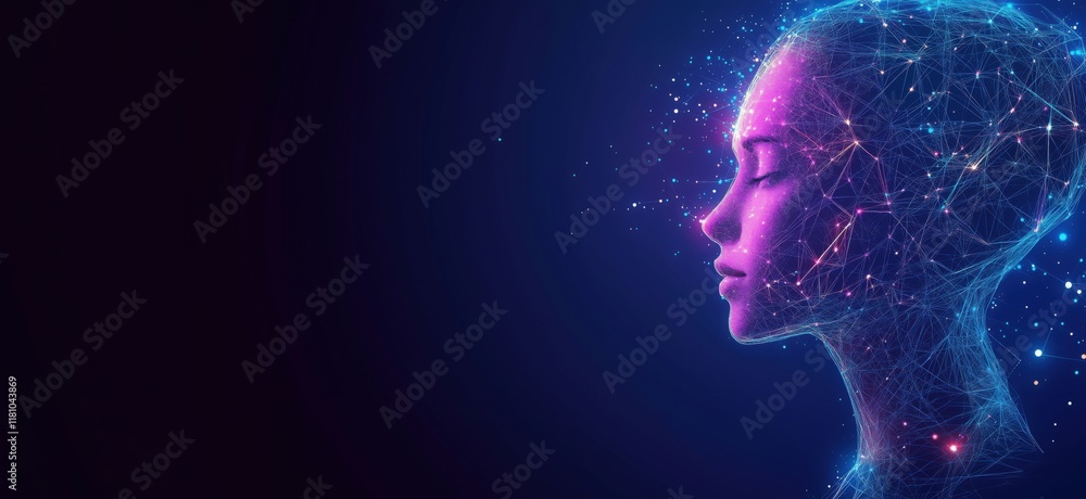 Poster digital human silhouette with glowing neural connections and cosmic particles, representing artifici