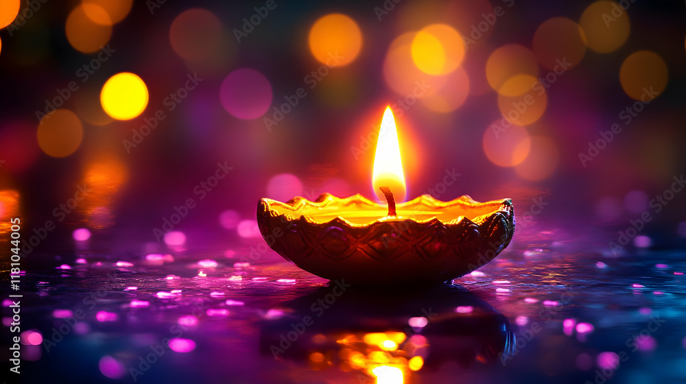 Poster lighted diya shines on reflective surface with festive bokeh background.