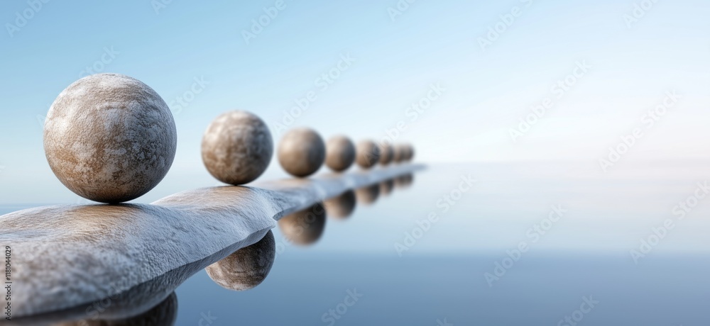 Poster serene reflection of smooth stones on tranquil water surface, creating a harmonious line of balance 