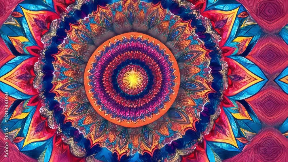 Poster colorful mandala features intricate patterns and symmetry, creating a vibrant and meditative visual 
