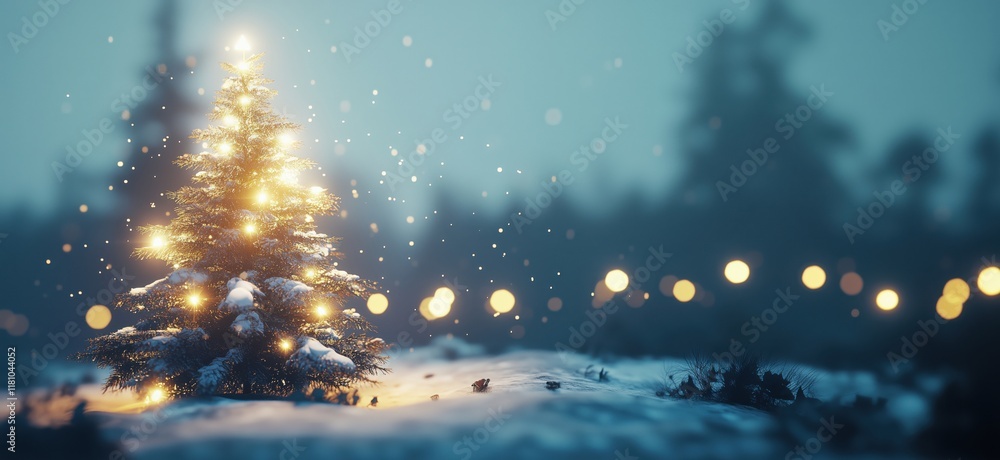 Poster illuminated christmas tree in snowy landscape with glowing lights and soft snowfall creating a magic