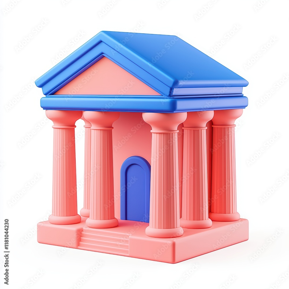 Poster colorful toy building with columns and triangular roof design