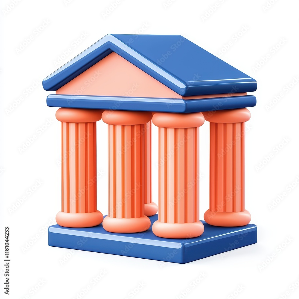 Poster colorful 3d model of classical building with columns and roof