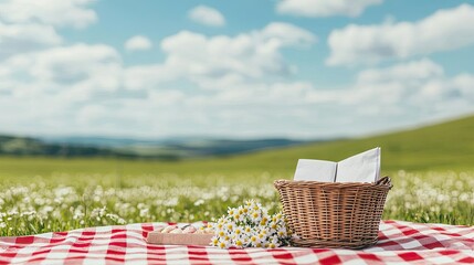 Valentine romance concept. A peaceful picnic setup on a lush green field with a basket and open book.