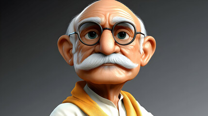 3D Illustration of an Elderly Man with Glasses and a White Mustache Wearing a Yellow Scarf