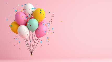 Colorful Balloons with Confetti Flying Against Pink Background