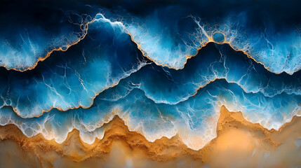 Abstract Ocean Waves Crashing on Golden Shore with Resin Art Beautifully.