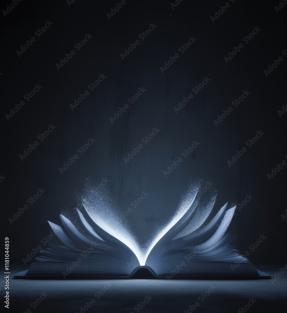 Poster open book with glowing pages creating ethereal light effect, symbolizing knowledge and imagination, 