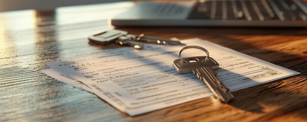 Property tax savings keys and financial forms illustration home office document setup bright environment close-up viewpoint