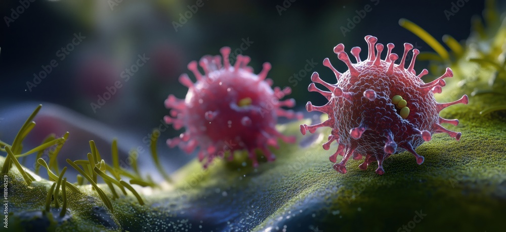 Poster microscopic view of virus particles on a textured surface, showcasing intricate details of viral str