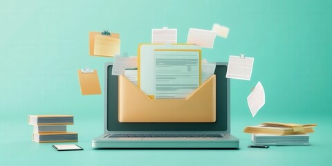 E-filing tax documents submission process home office digital illustration modern workspace aerial view tax preparation