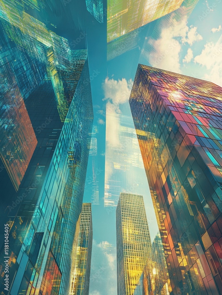 Poster a vibrant perspective of skyscrapers reflecting sunlight and colorful patterns against a bright sky,