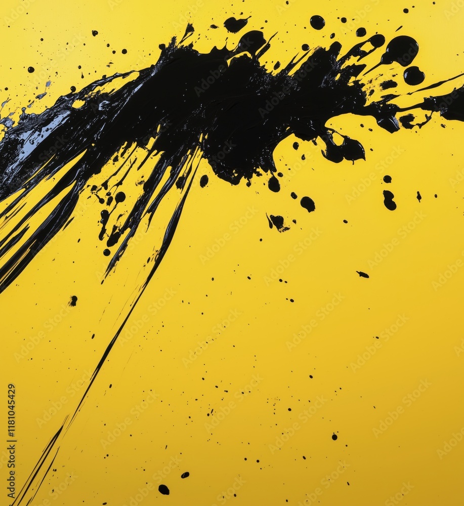 Poster abstract black paint splatter on vibrant yellow background creating dynamic visual contrast and ener