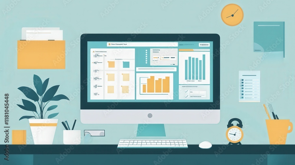 Poster a modern workspace featuring a computer displaying data visualizations, a plant, a clock, and organi