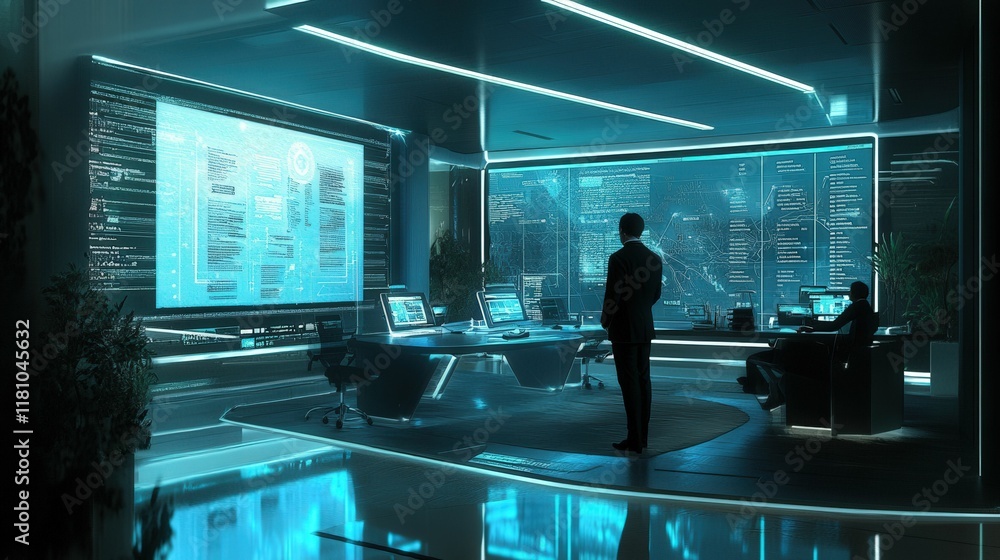 Poster a futuristic office with a person standing in front of large screens, showcasing data and analytics 