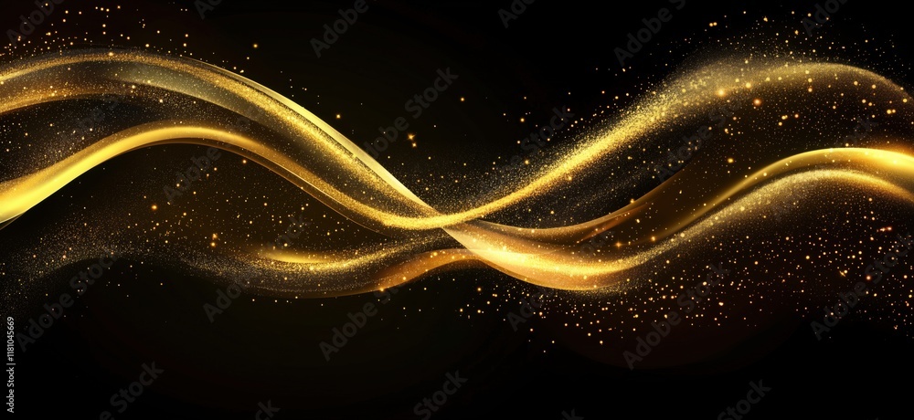 Poster golden waves of shimmering light and sparkling particles on black background, creating a luxurious a