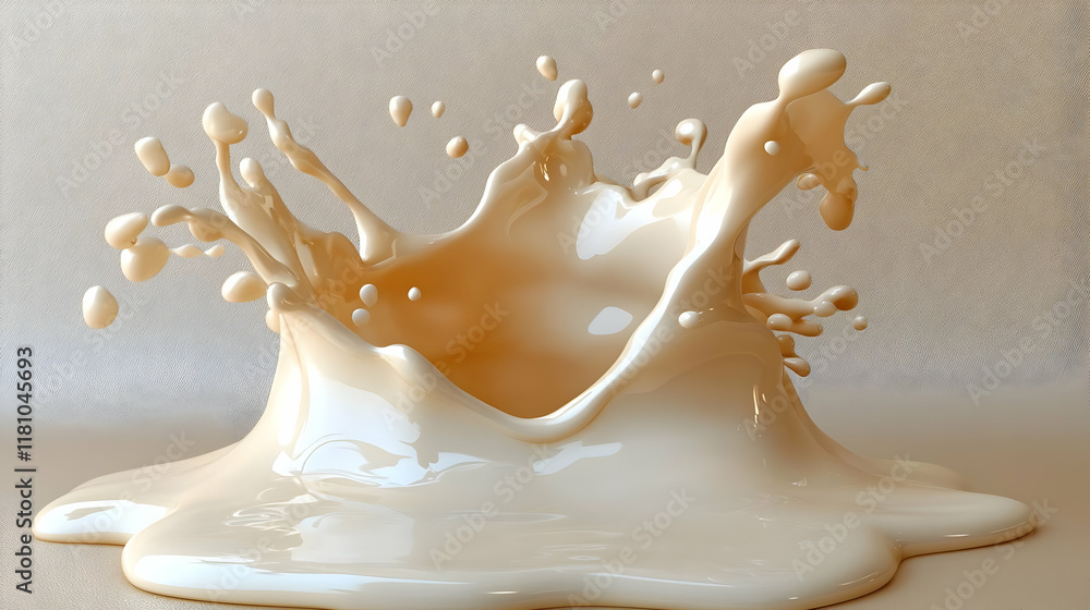 Poster creamy liquid splashes and forms a smooth puddle dynamically