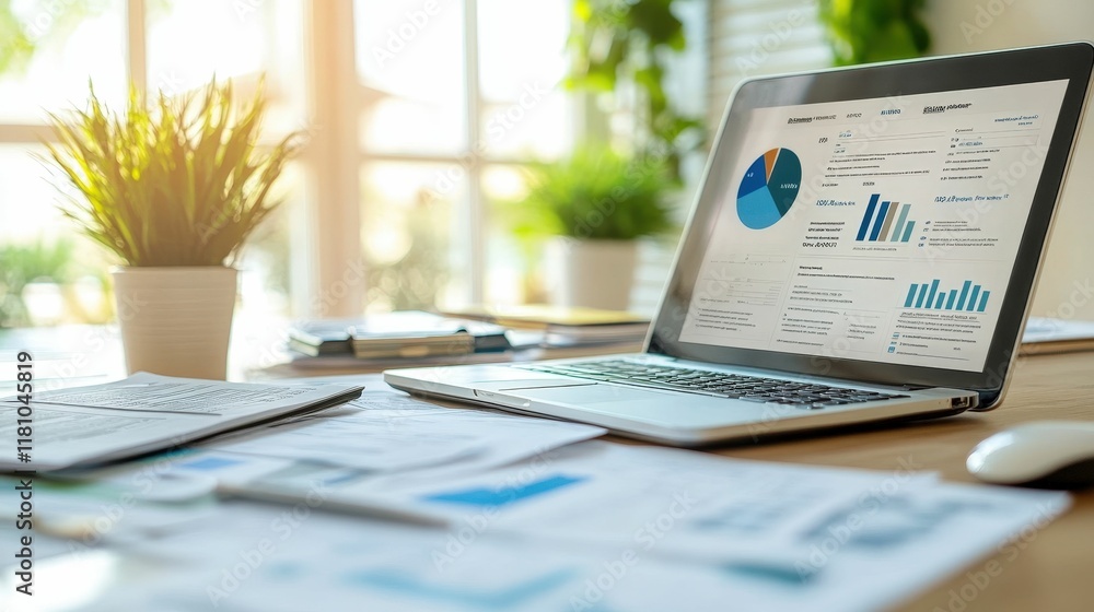Poster a modern workspace featuring a laptop displaying data analytics, surrounded by documents and a potte