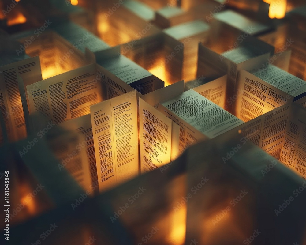 Poster a captivating maze made of illuminated pages, creating a magical atmosphere of exploration and knowl