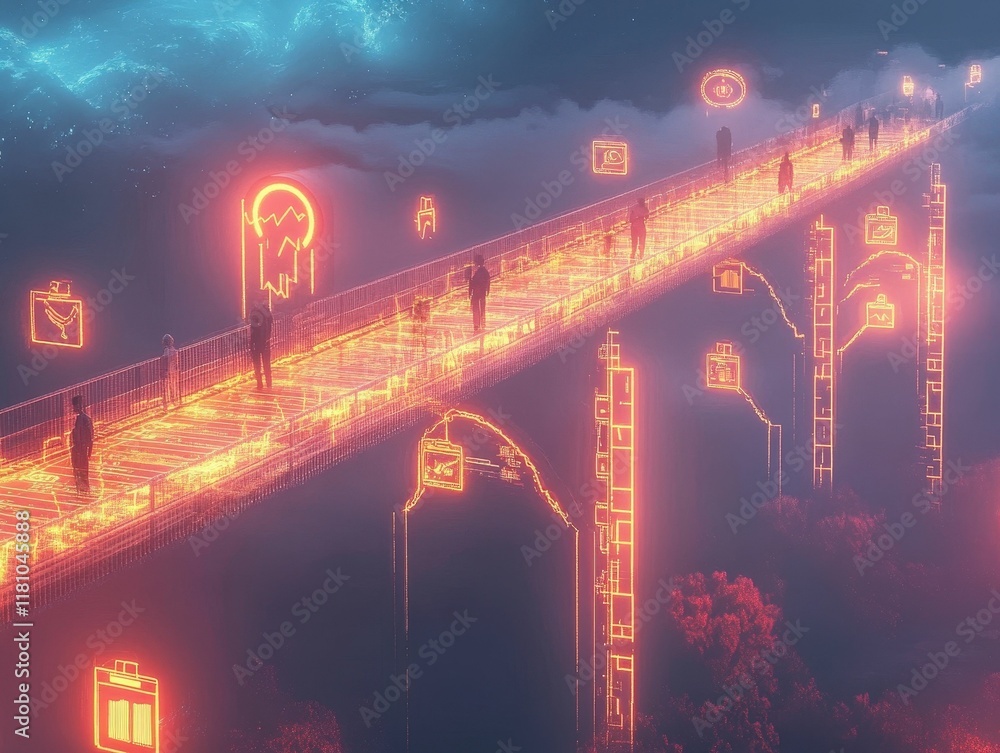 Poster a glowing bridge illuminated by neon lights extends into a misty landscape, lined with glowing symbo