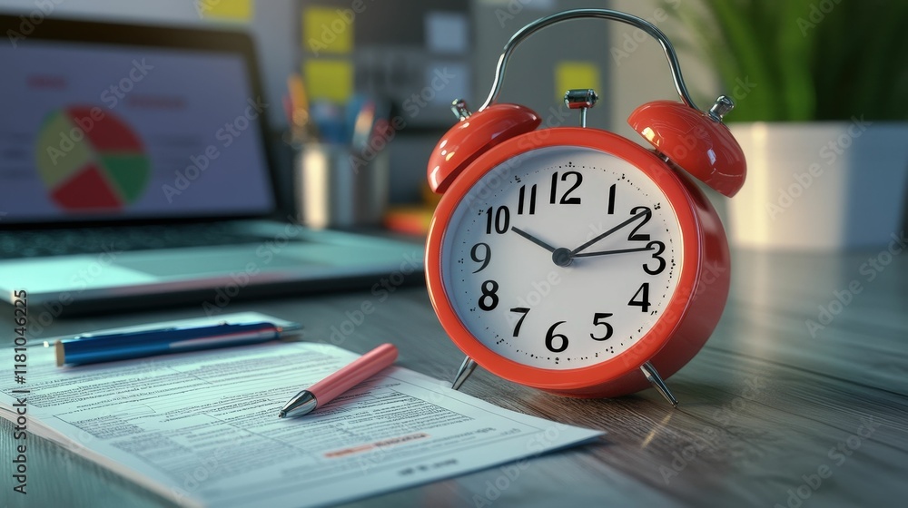 Poster a vibrant red alarm clock sits beside a laptop and a notepad, symbolizing productivity and time mana