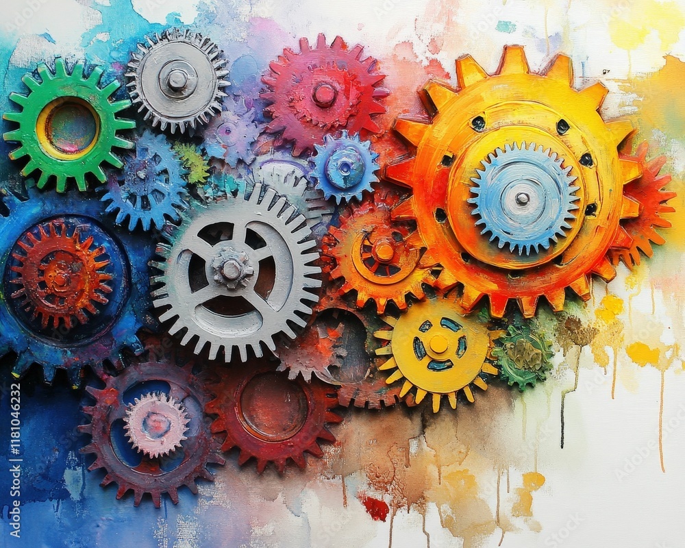 Poster a vibrant abstract design featuring colorful gears and cogs against a splattered paint background, b