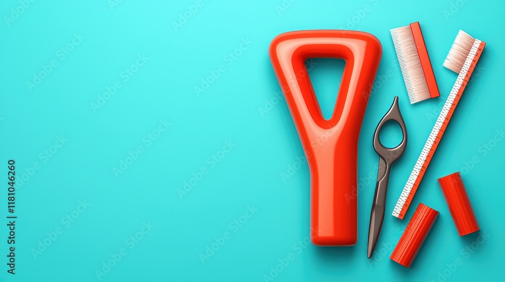 Poster bright red tool handle with various instruments on teal background