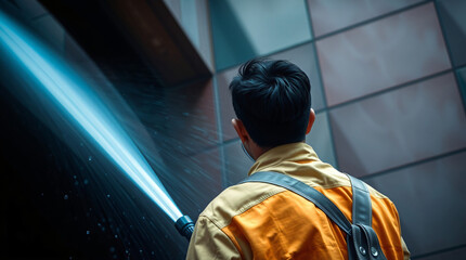 Outdoor construction worker using high pressure hose to clean a building.