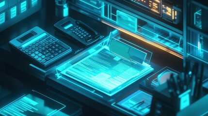 Obraz premium A futuristic office setup featuring a glowing holographic interface, calculator, and various digital displays, creating a high-tech ambiance.