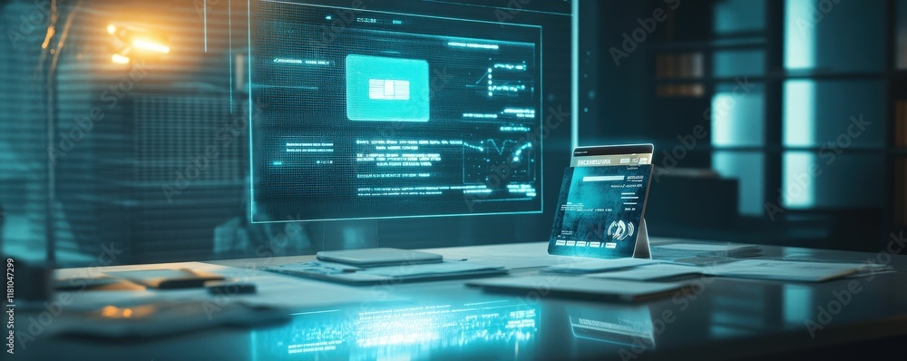 Aufkleber a futuristic workspace featuring a digital tablet and glowing interface, illuminated by ambient ligh