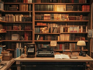 Fototapeta premium A cozy library scene featuring a vintage typewriter on a wooden desk, surrounded by shelves filled with an array of books.