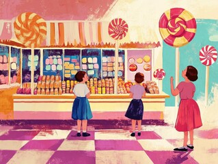 Three girls stand in front of a colorful candy shop, admiring a variety of sweets displayed behind a glass counter.