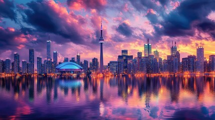 Fototapeta premium A colorful cityscape with futuristic architecture and water reflections under a dramatic sunset sky