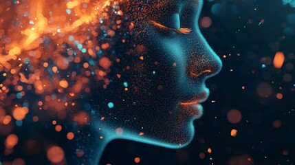 Digital Face Dissolving in Sparkling Orange and Teal Light Particles