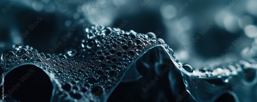 Poster macro shot of water droplets on textured surface, showcasing intricate details and reflections in a 